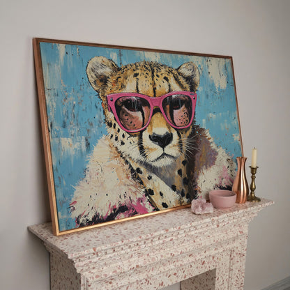 Cheetah with Pink Sunglasses Canvas Wall Art in rose gold floating frame