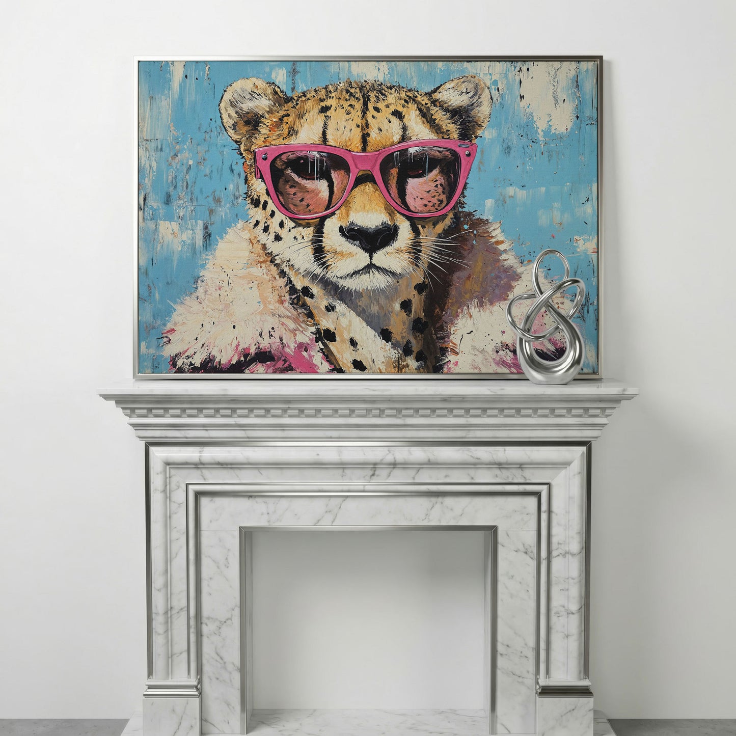 Cheetah with Pink Sunglasses Canvas Wall Art in silver floating frame