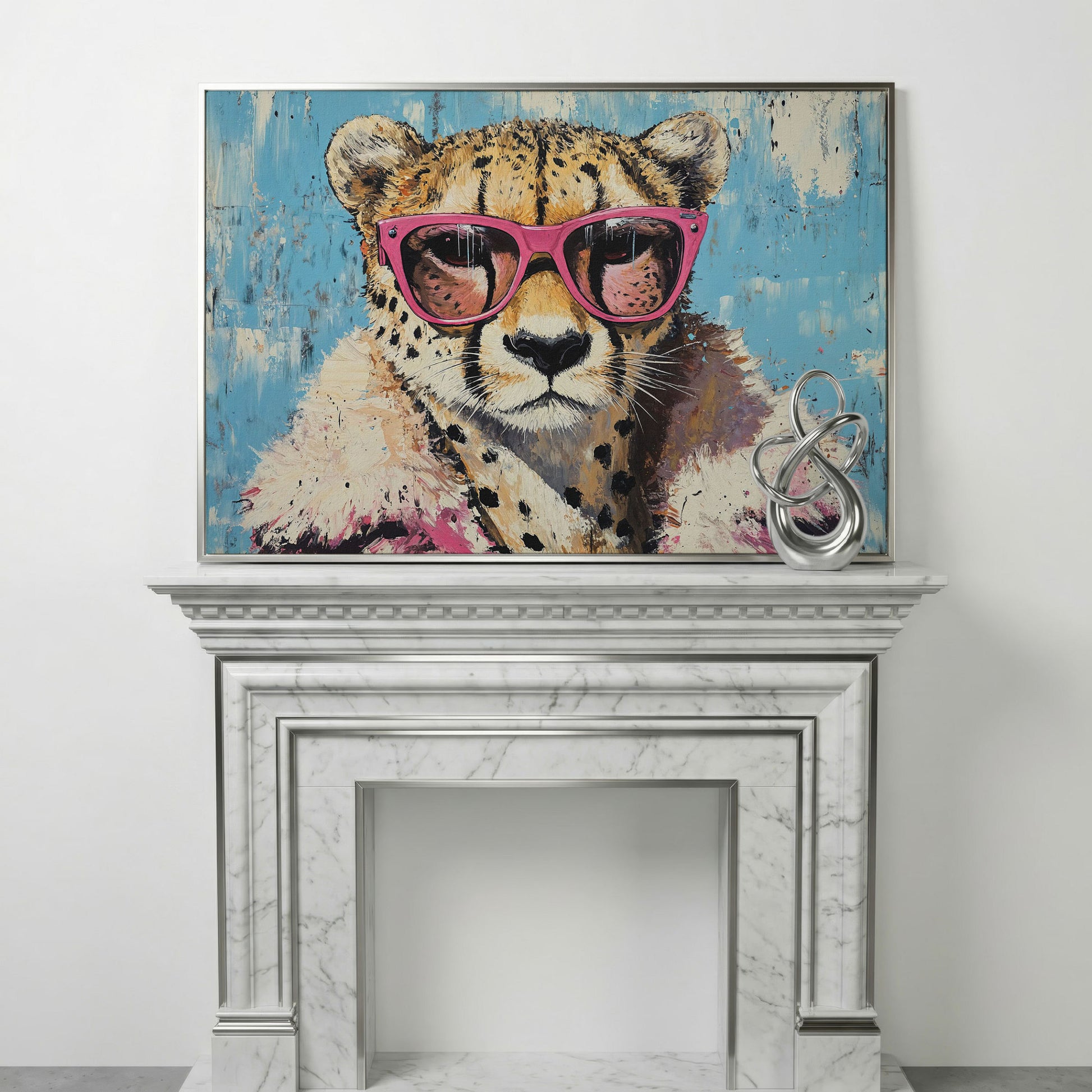 Cheetah with Pink Sunglasses Canvas Wall Art in silver floating frame