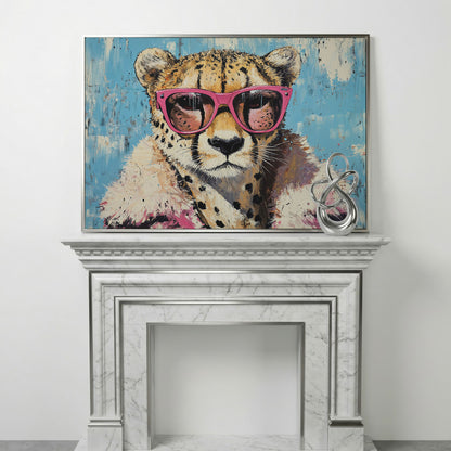Cheetah with Pink Sunglasses Canvas Wall Art in silver floating frame