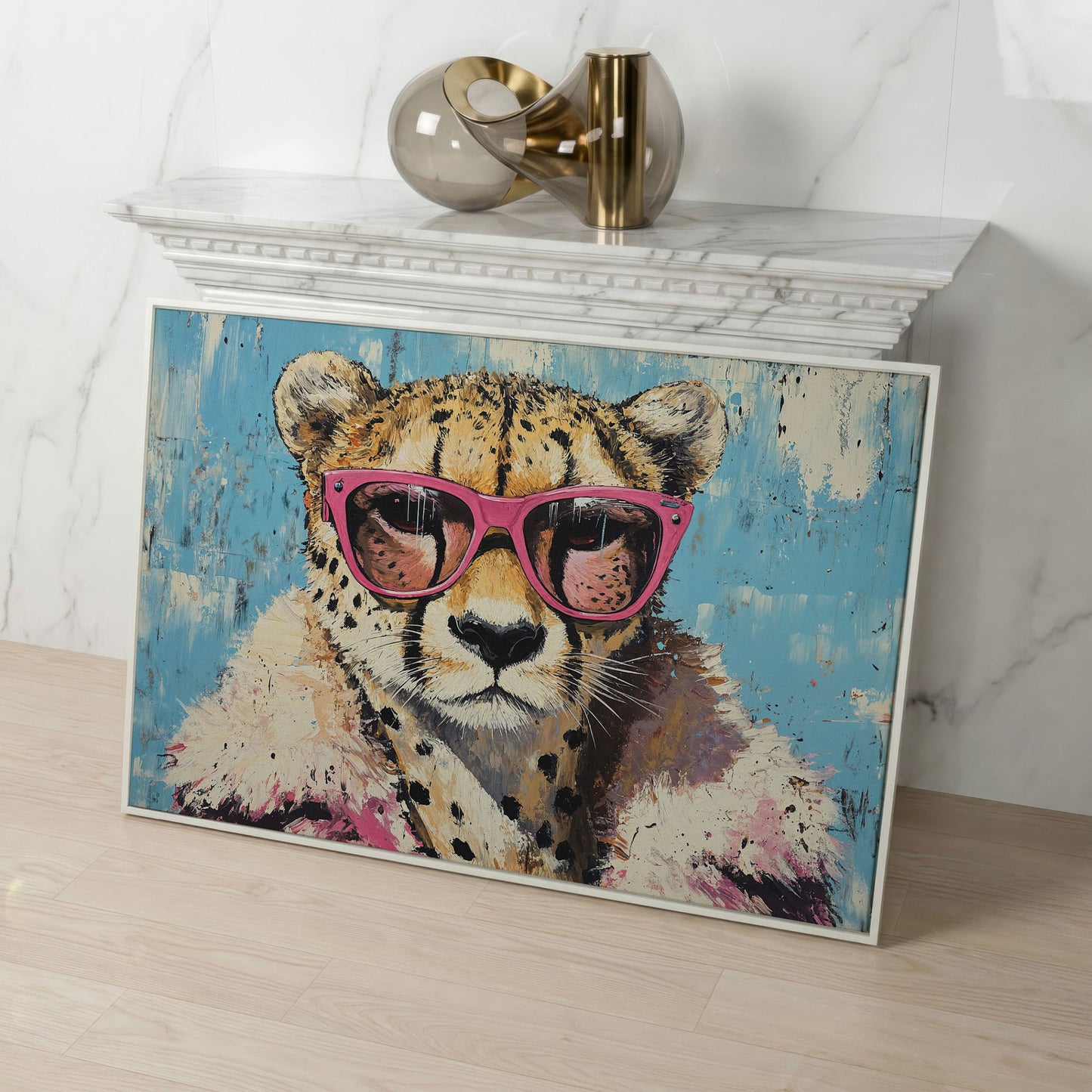Cheetah with Pink Sunglasses Canvas Wall Art in white floating frame