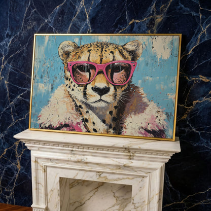 Cheetah with Pink Sunglasses Canvas Wall Art in yellow gold floating frame