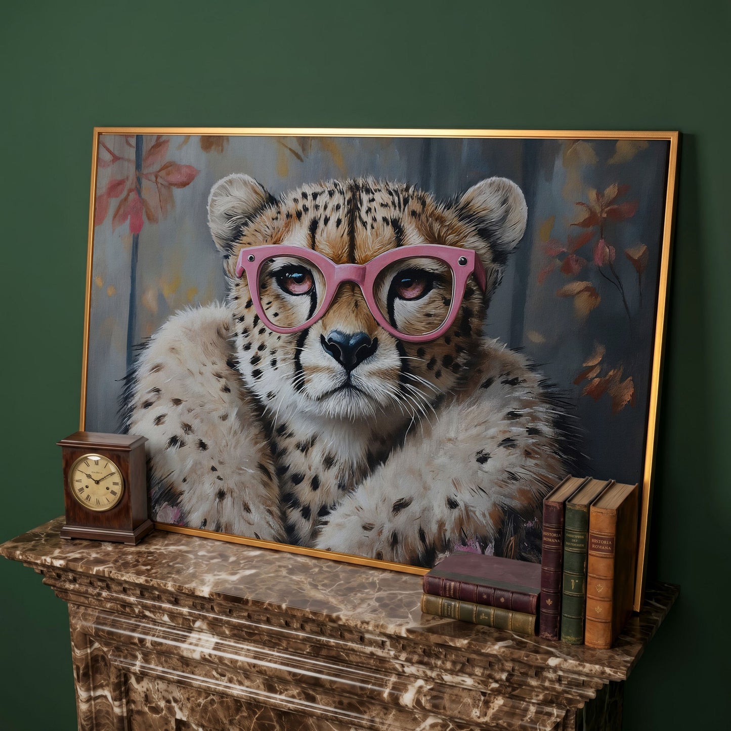 Chic Cheetah with Glasses Canvas Art in antique gold floating frame