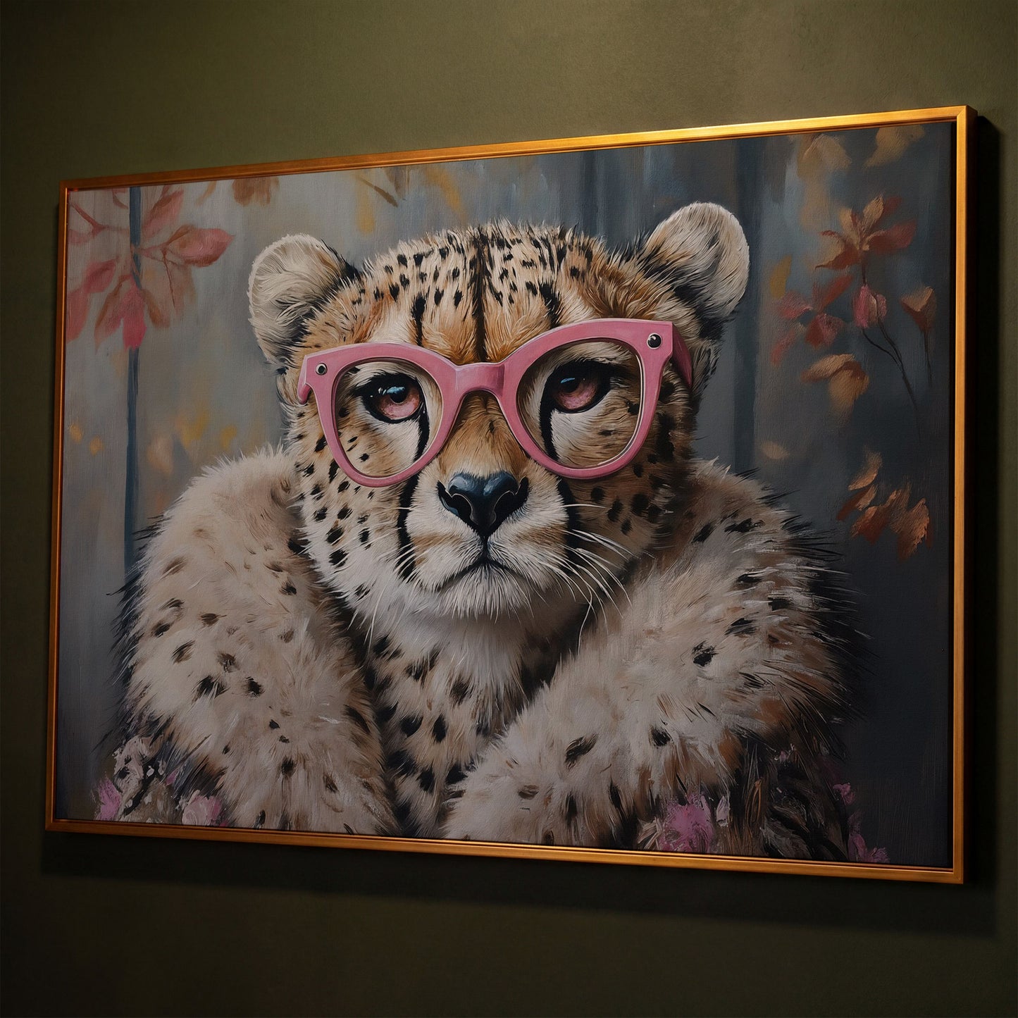 Chic Cheetah with Glasses Canvas Art shown in antique gold floating frame