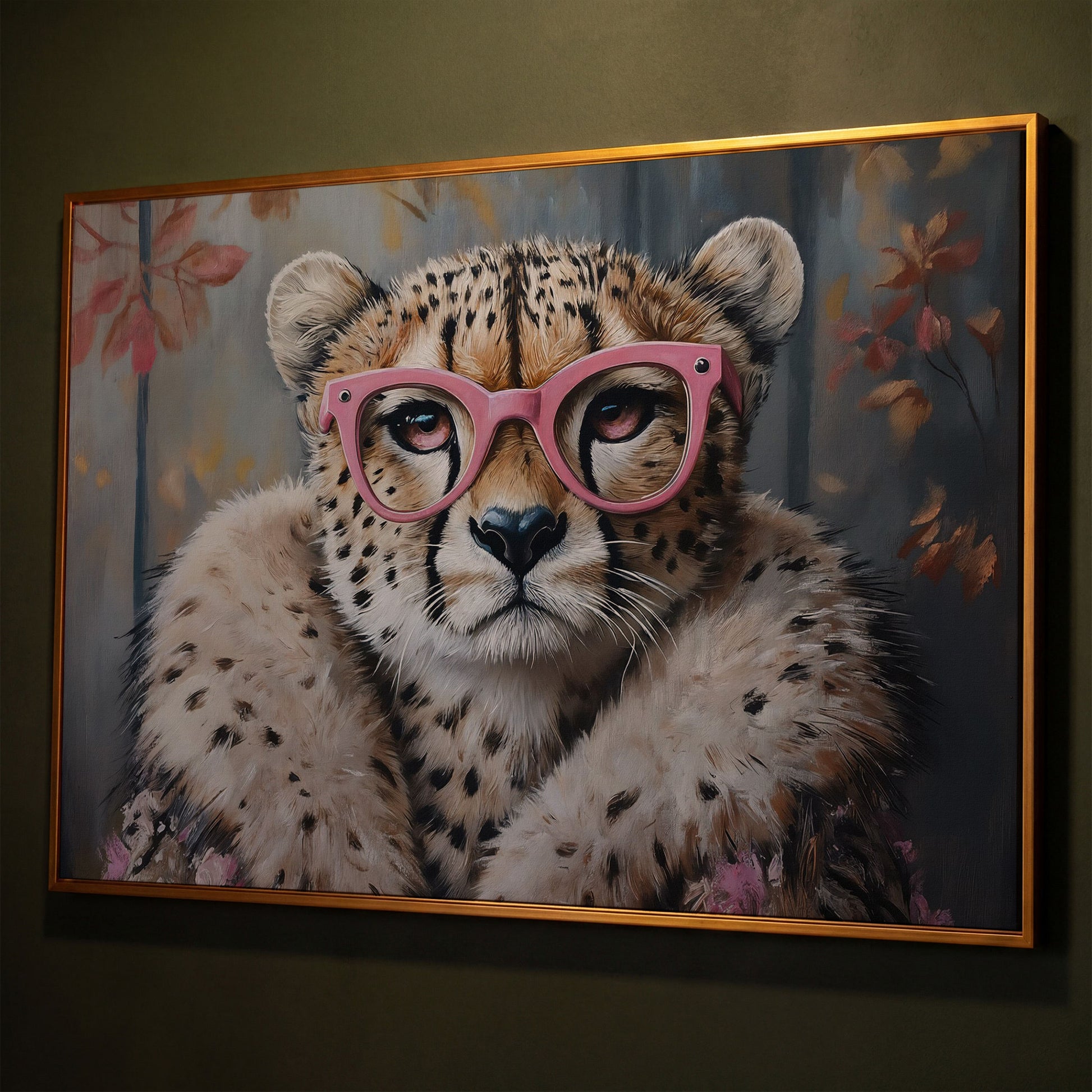 Chic Cheetah with Glasses Canvas Art shown in antique gold floating frame
