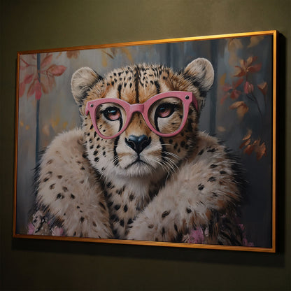 Chic Cheetah with Glasses Canvas Art shown in antique gold floating frame