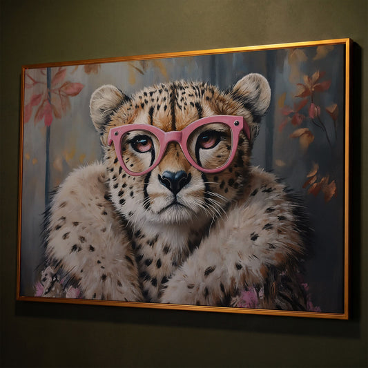 Chic Cheetah with Glasses Canvas Art shown in antique gold floating frame