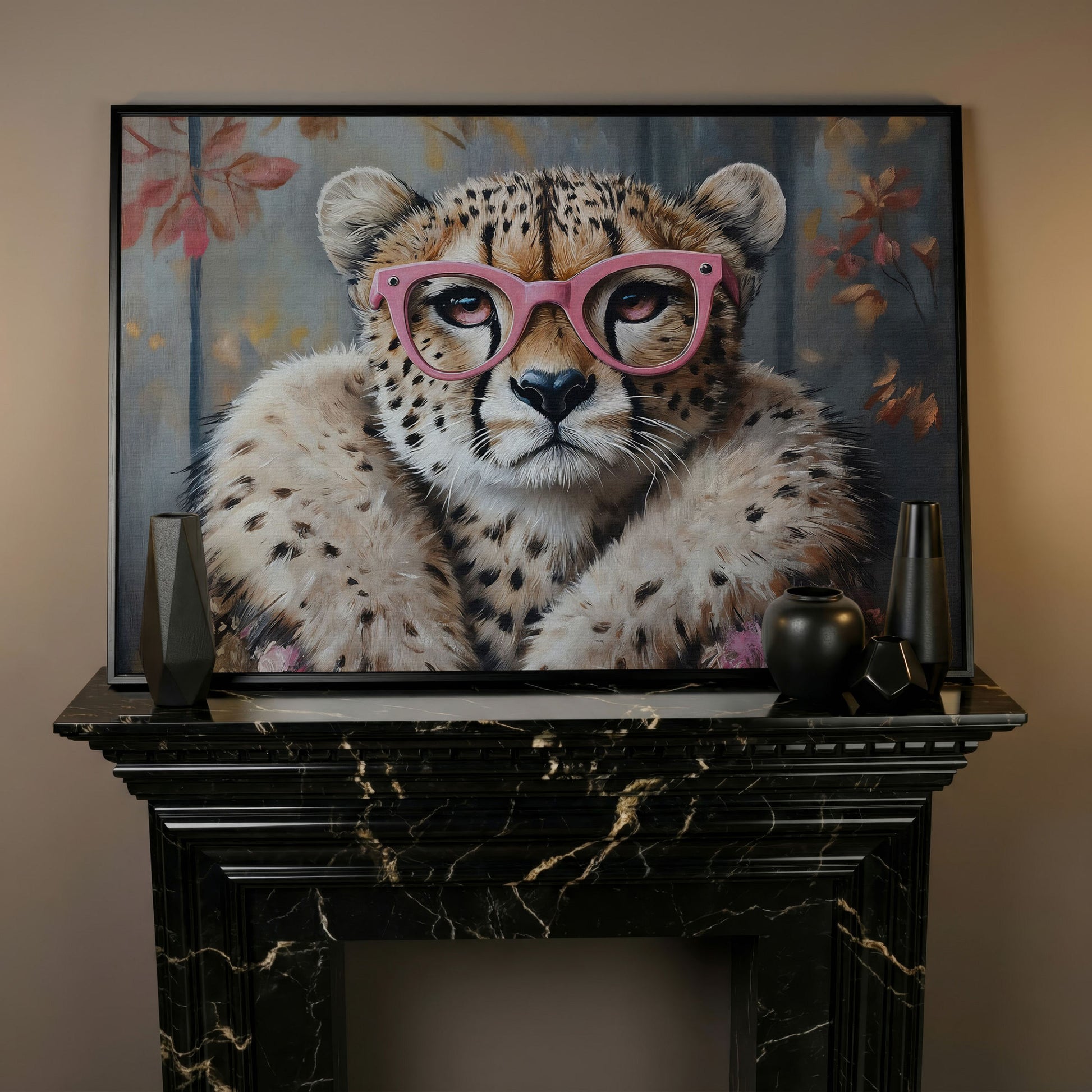 Chic Cheetah with Glasses Canvas Art in black floating frame