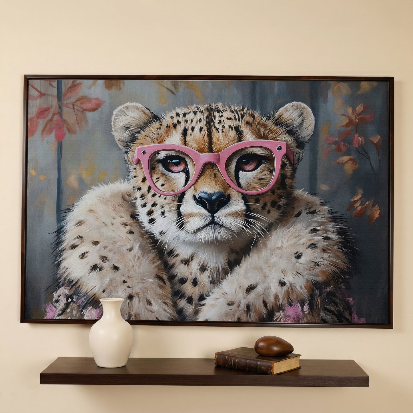 Chic Cheetah with Glasses Canvas Art in dark walnut floating frame