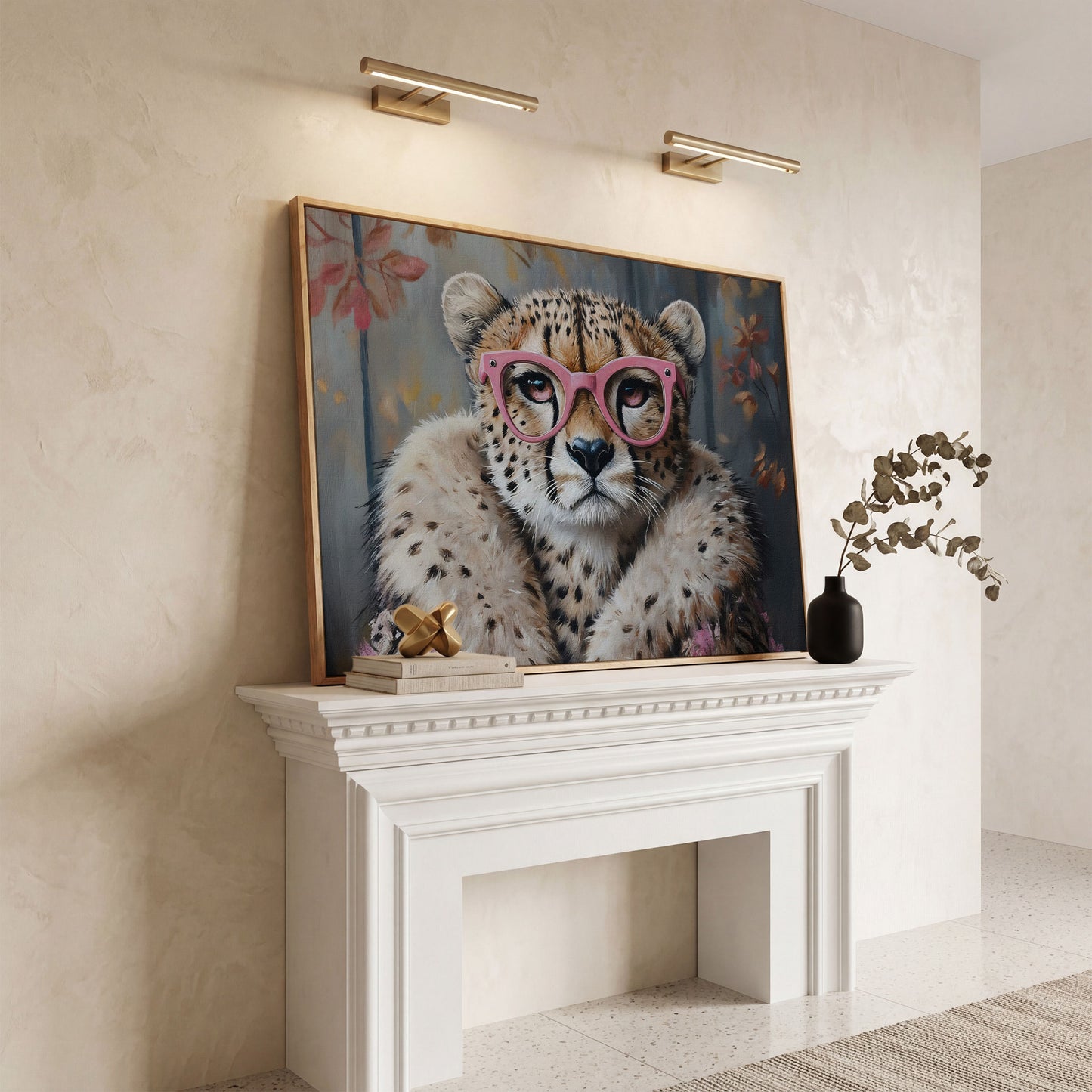Chic Cheetah with Glasses Canvas Art in white oak floating frame