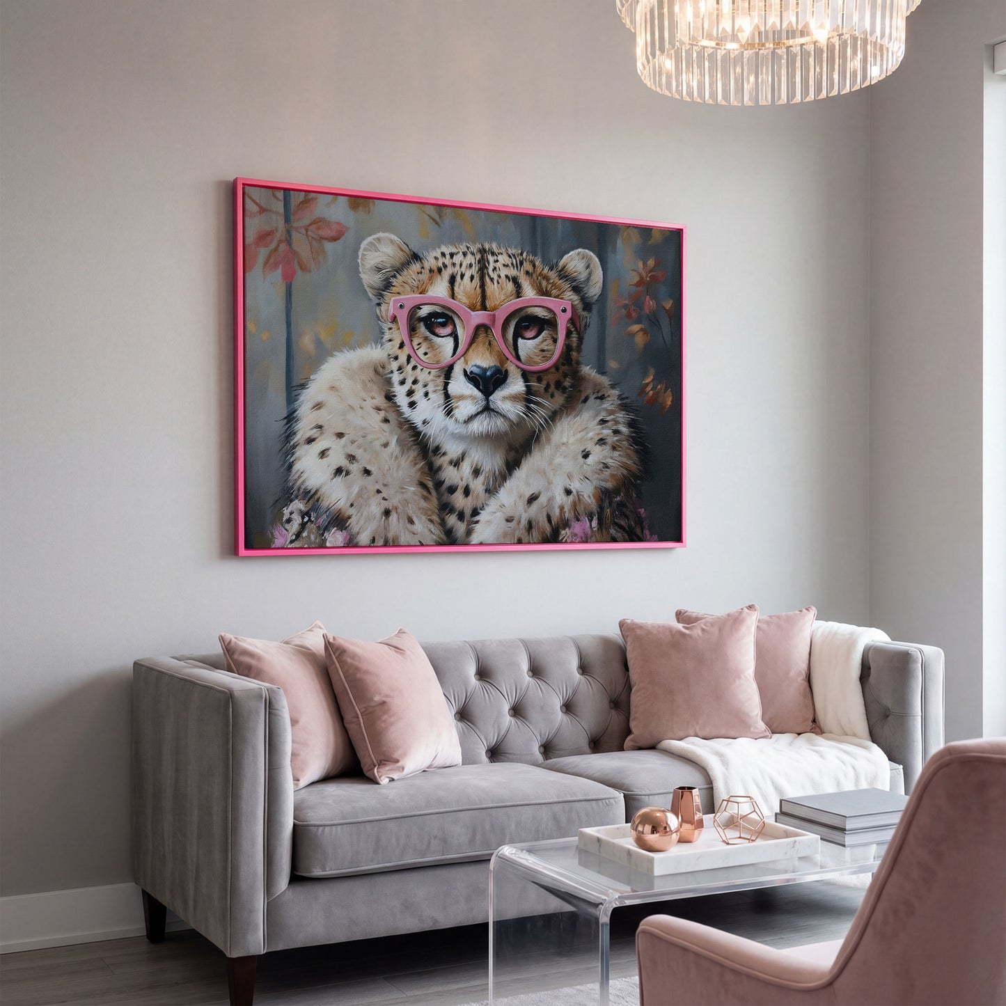 Chic Cheetah with Glasses Canvas Art in pink floating frame