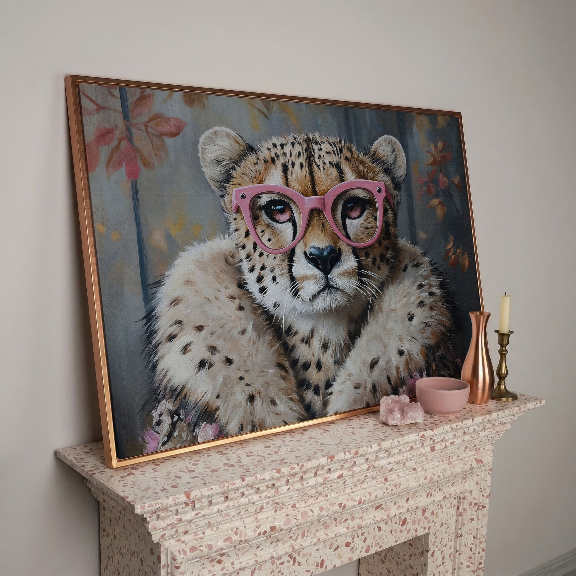Chic Cheetah with Glasses Canvas Art in rose gold floating frame