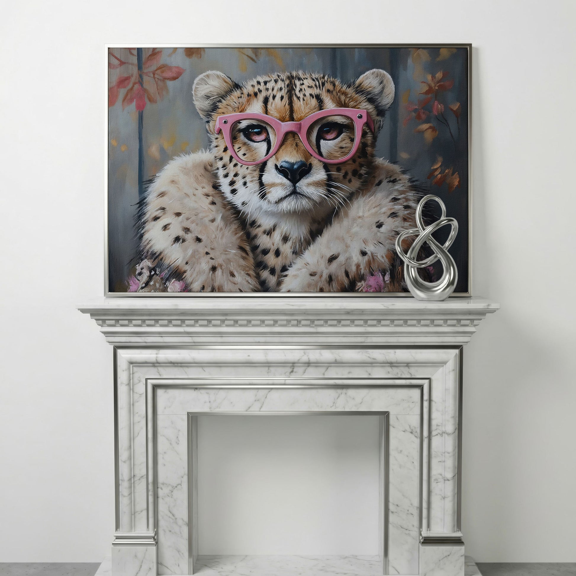 Chic Cheetah with Glasses Canvas Art in silver floating frame