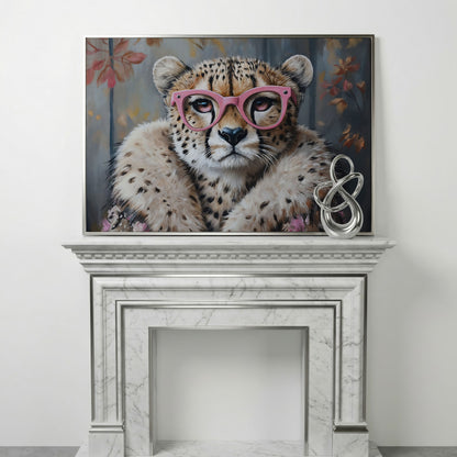 Chic Cheetah with Glasses Canvas Art in silver floating frame