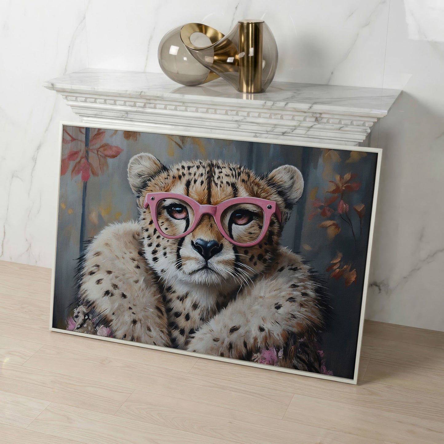Chic Cheetah with Glasses Canvas Art in white floating frame