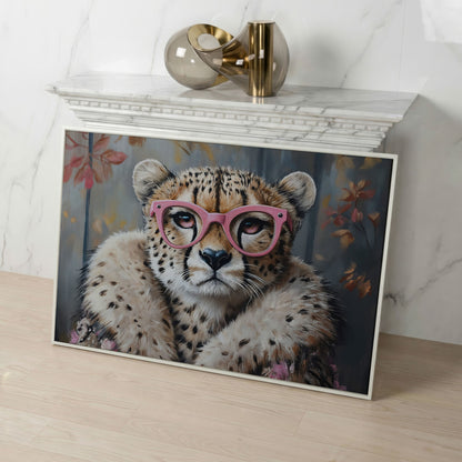 Chic Cheetah with Glasses Canvas Art in white floating frame