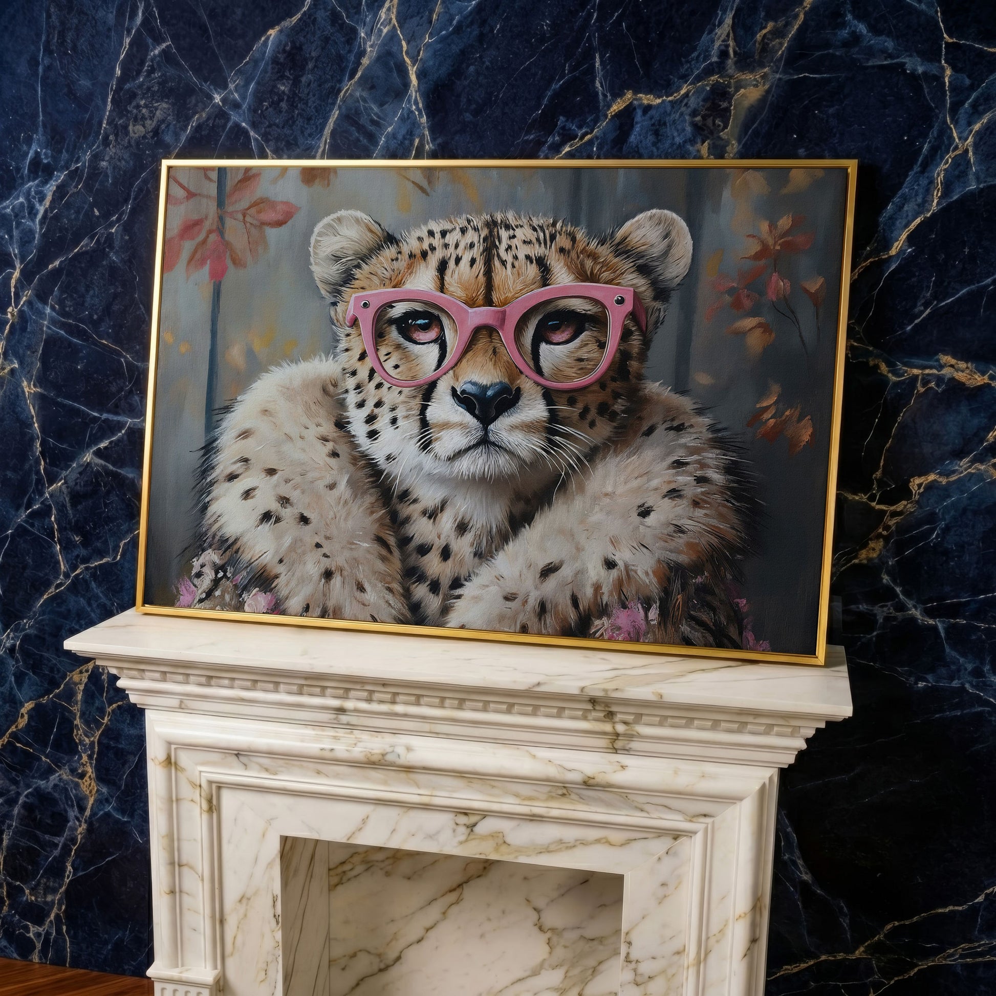 Chic Cheetah with Glasses Canvas Art in yellow gold floating frame