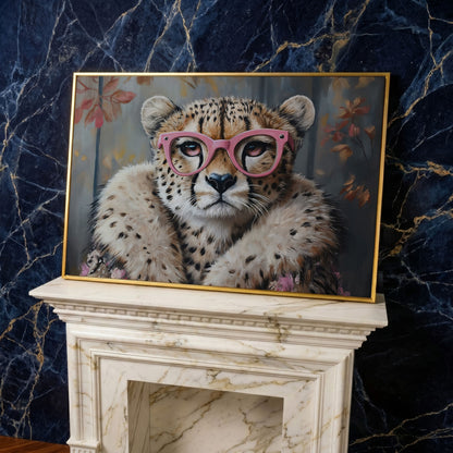 Chic Cheetah with Glasses Canvas Art in yellow gold floating frame