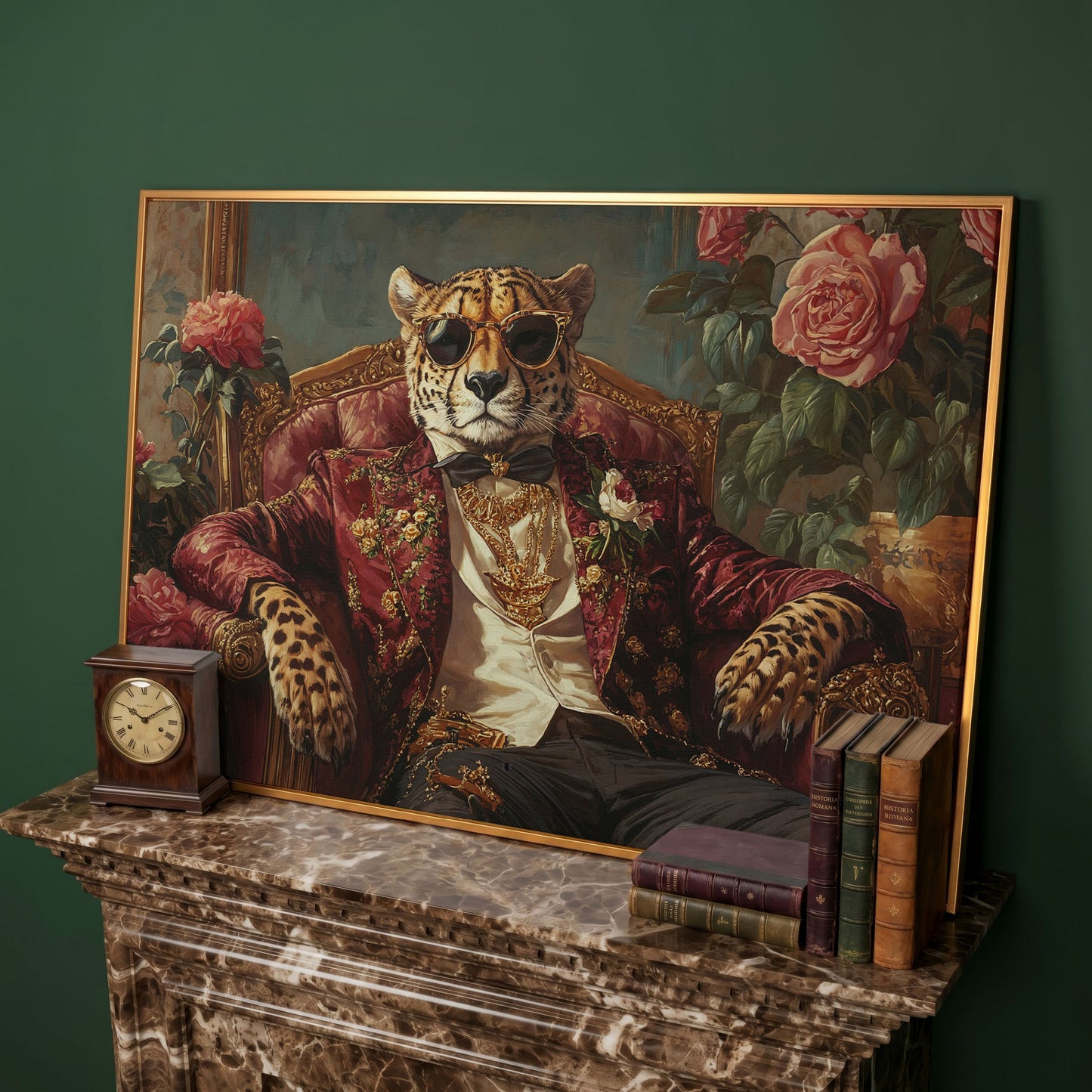Cheetah in Sunglasses and Floral Blazer Canvas in antique gold floating frame