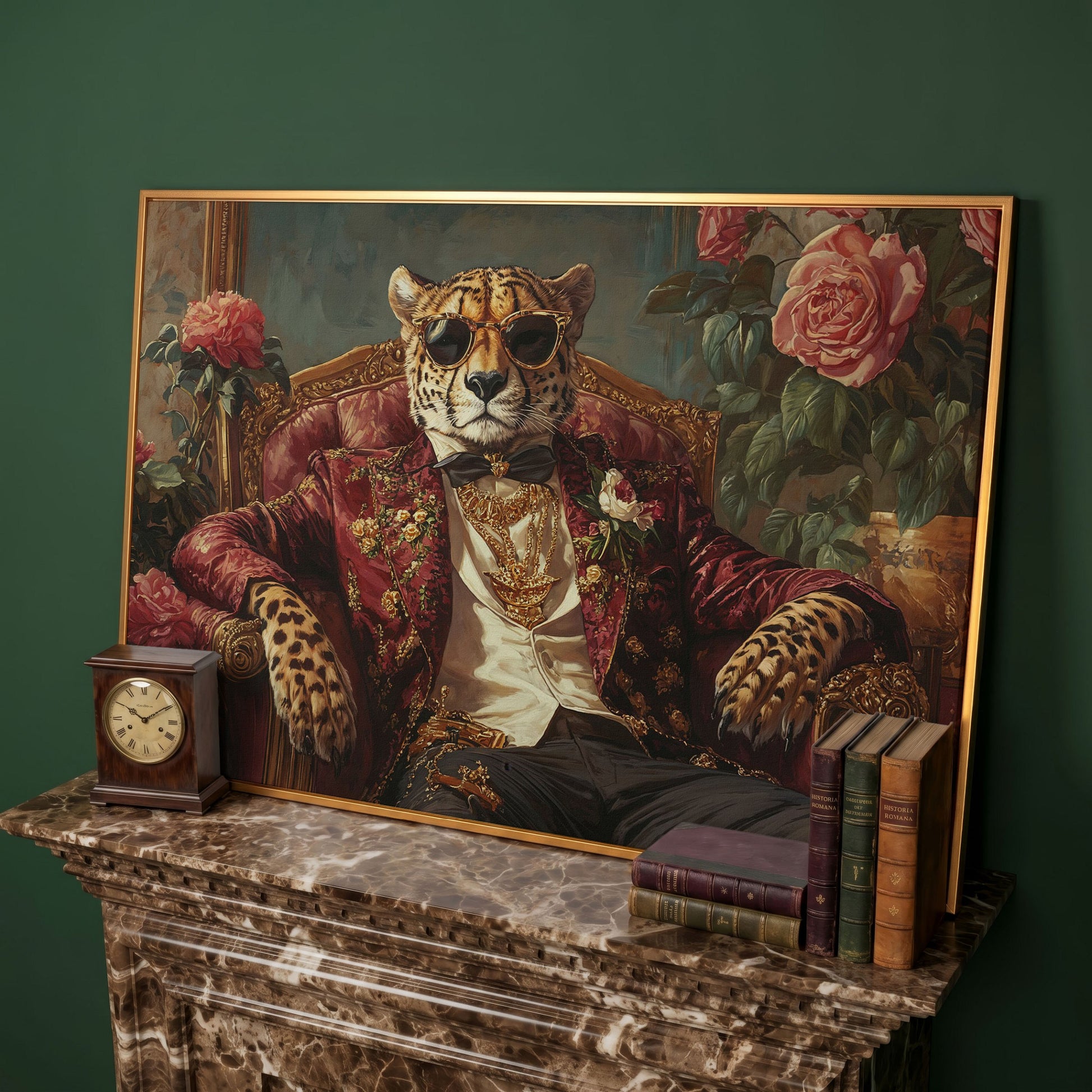 Cheetah in Sunglasses and Floral Blazer Canvas in antique gold floating frame