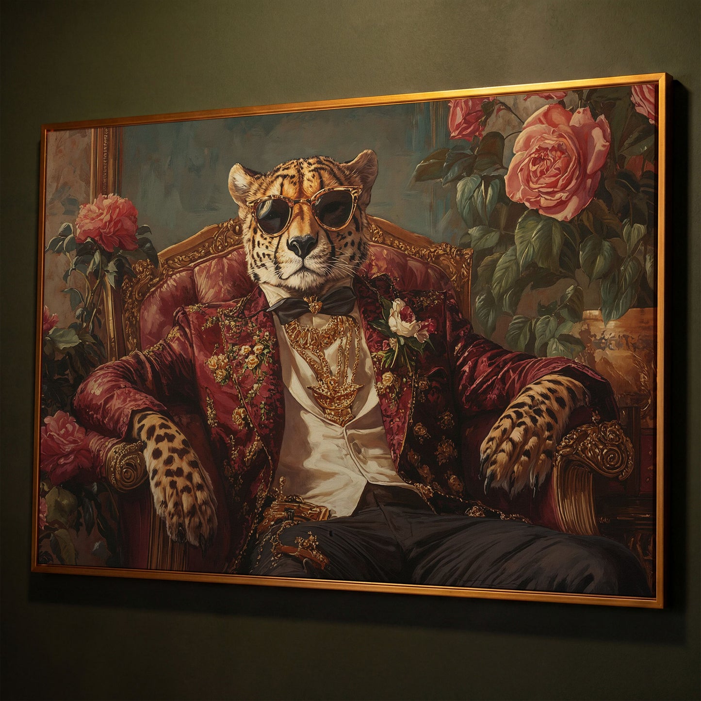 Cheetah in Sunglasses and Floral Blazer Canvas shown in antique gold floating frame
