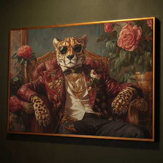 Cheetah in Sunglasses and Floral Blazer Canvas shown in antique gold floating frame
