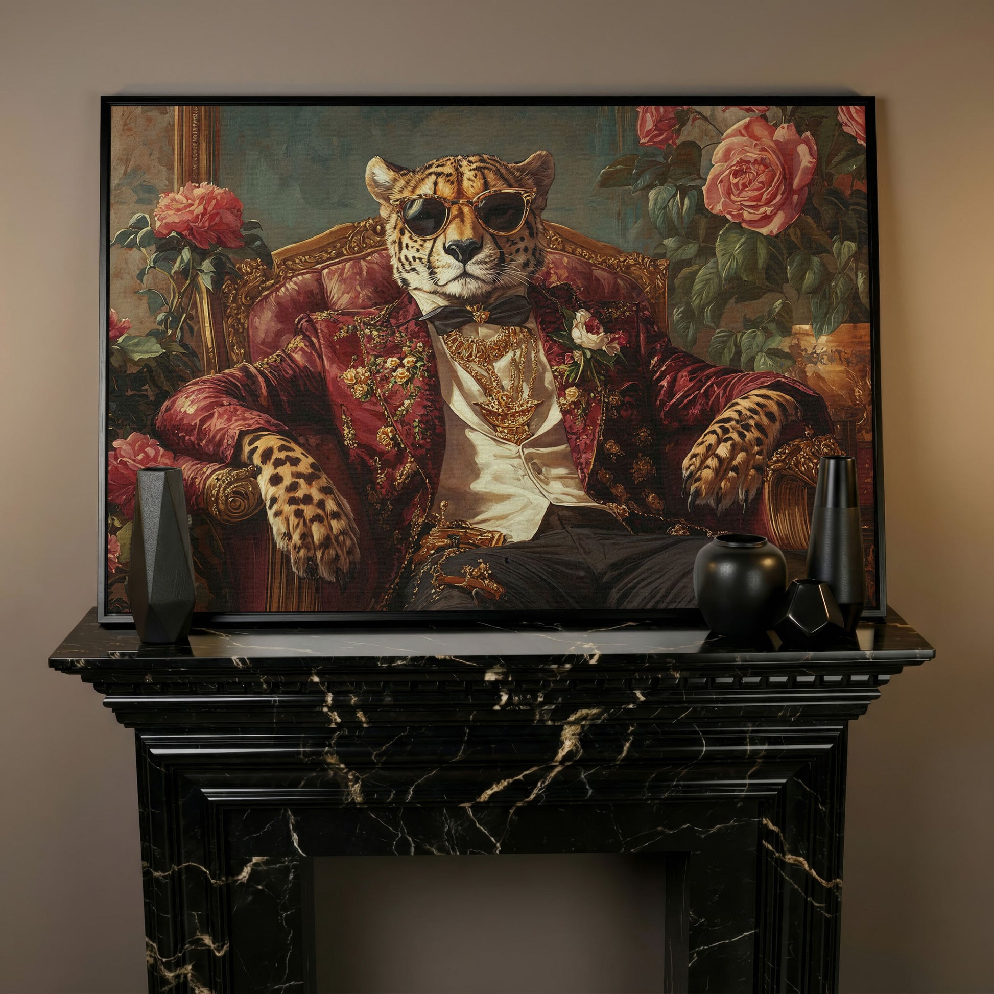 Cheetah in Sunglasses and Floral Blazer Canvas in black floating frame