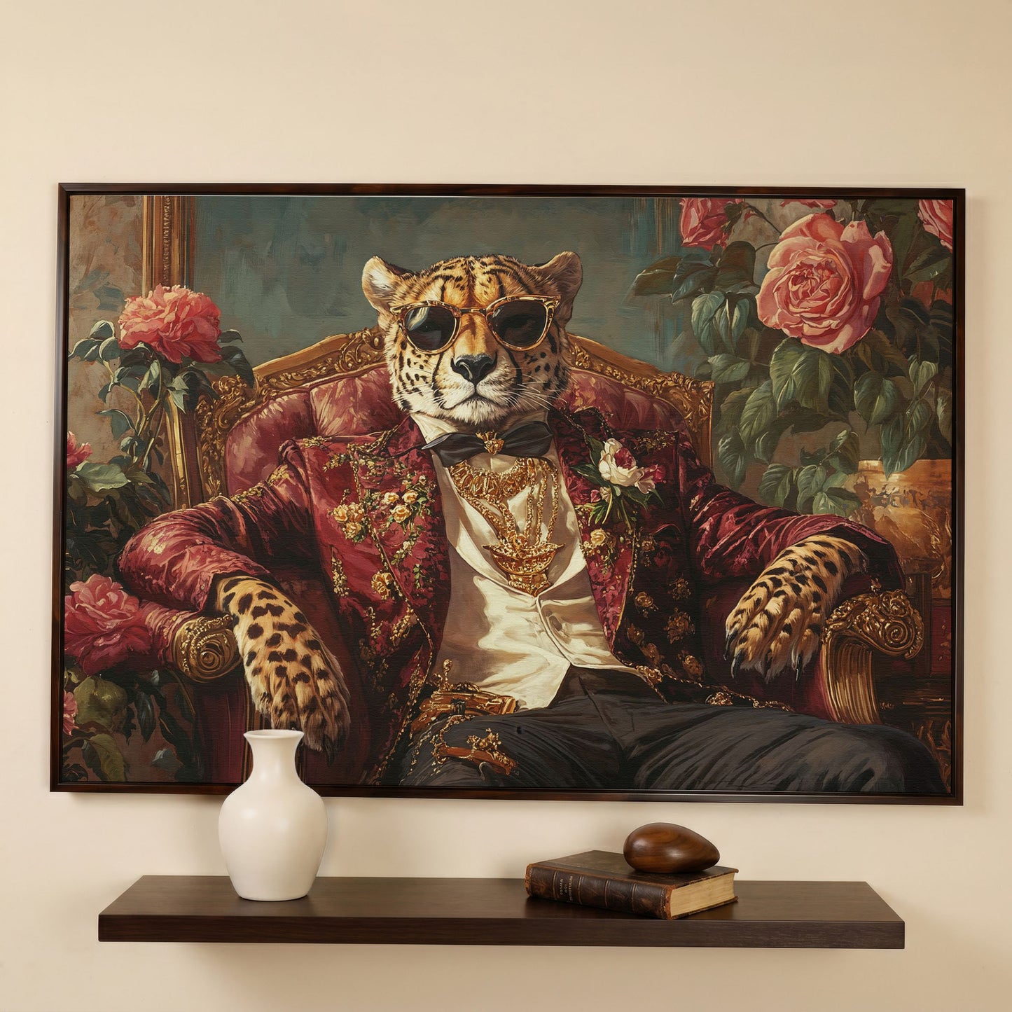 Cheetah in Sunglasses and Floral Blazer Canvas in dark walnut floating frame