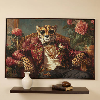 Cheetah in Sunglasses and Floral Blazer Canvas in dark walnut floating frame