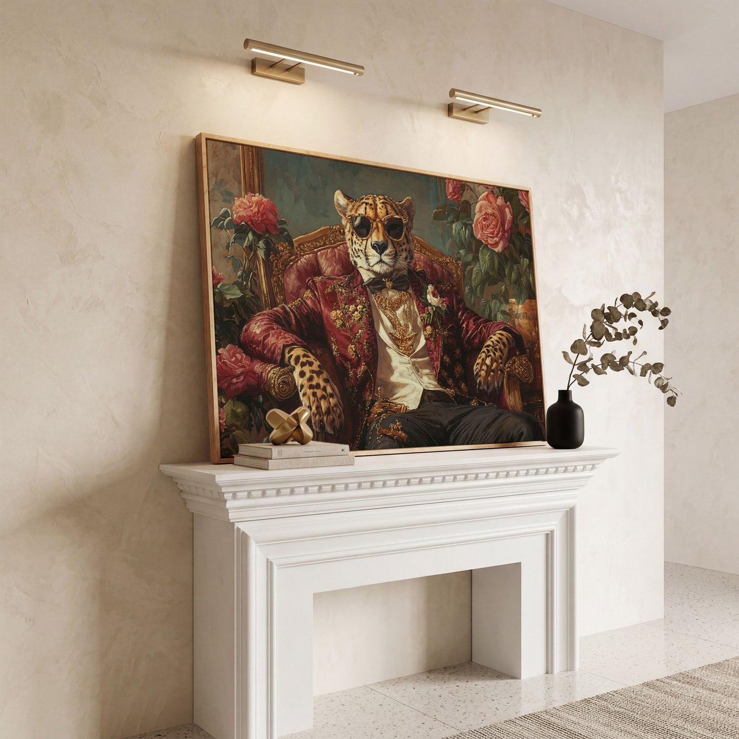 Cheetah in Sunglasses and Floral Blazer Canvas in white oak floating frame
