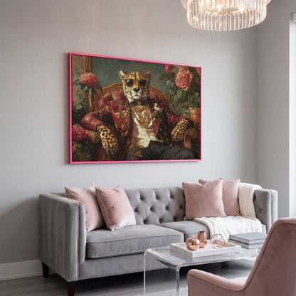 Cheetah in Sunglasses and Floral Blazer Canvas in pink floating frame