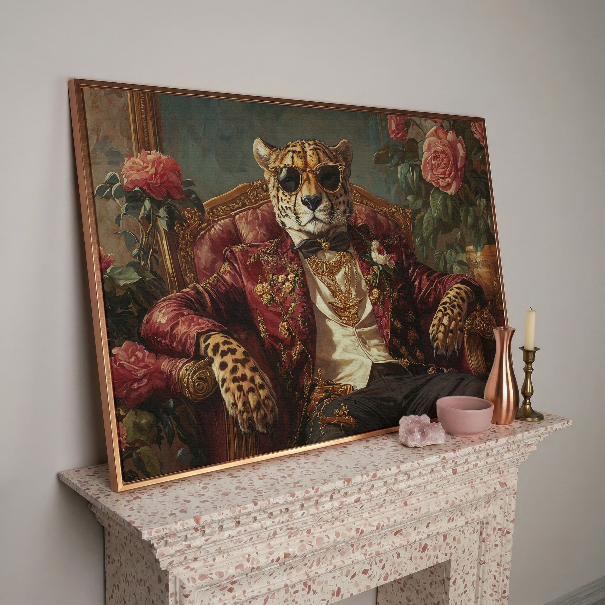 Cheetah in Sunglasses and Floral Blazer Canvas in rose gold floating frame