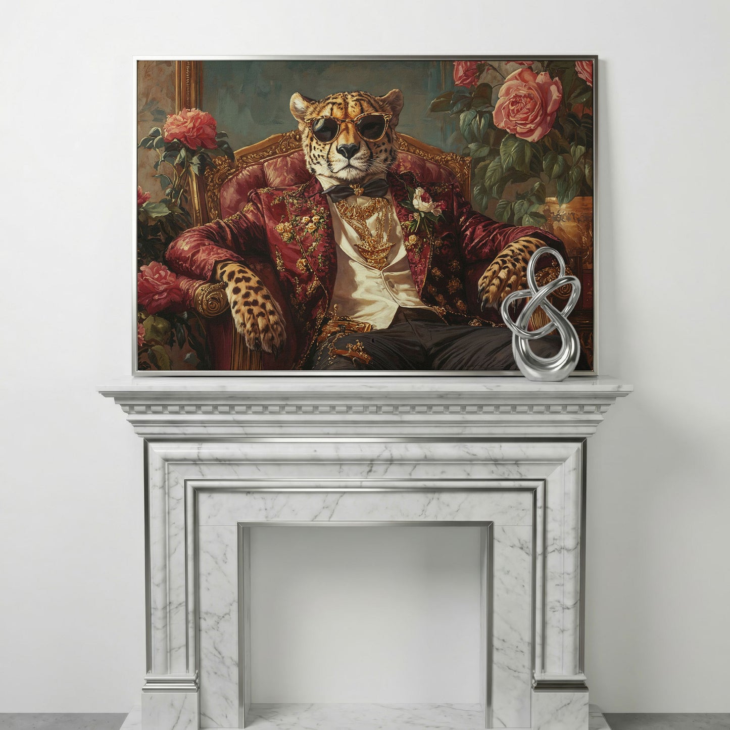 Cheetah in Sunglasses and Floral Blazer Canvas in silver floating frame
