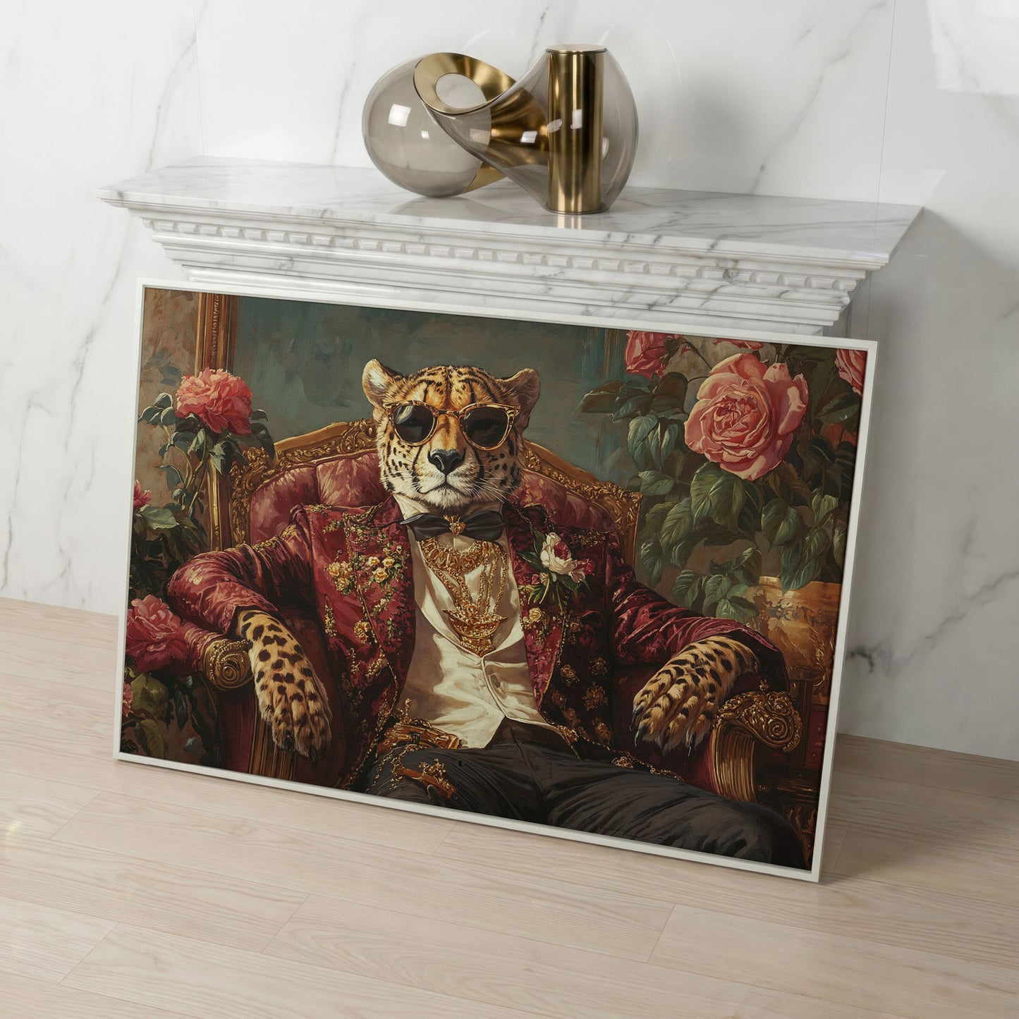 Cheetah in Sunglasses and Floral Blazer Canvas in white floating frame