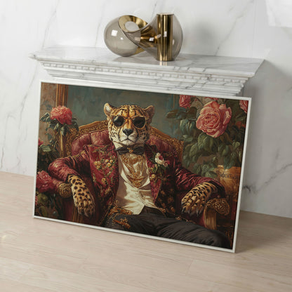 Cheetah in Sunglasses and Floral Blazer Canvas in white floating frame