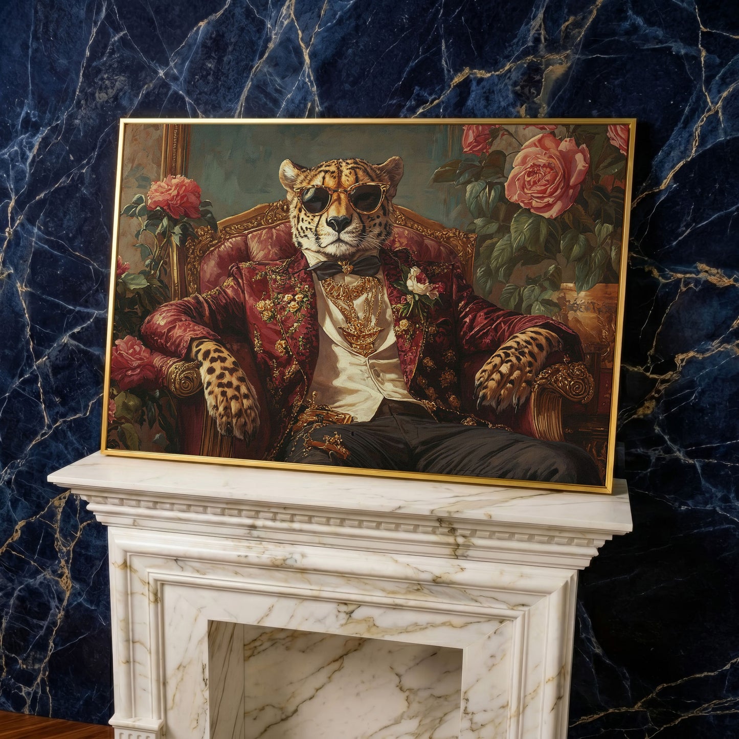 Cheetah in Sunglasses and Floral Blazer Canvas in yellow gold floating frame