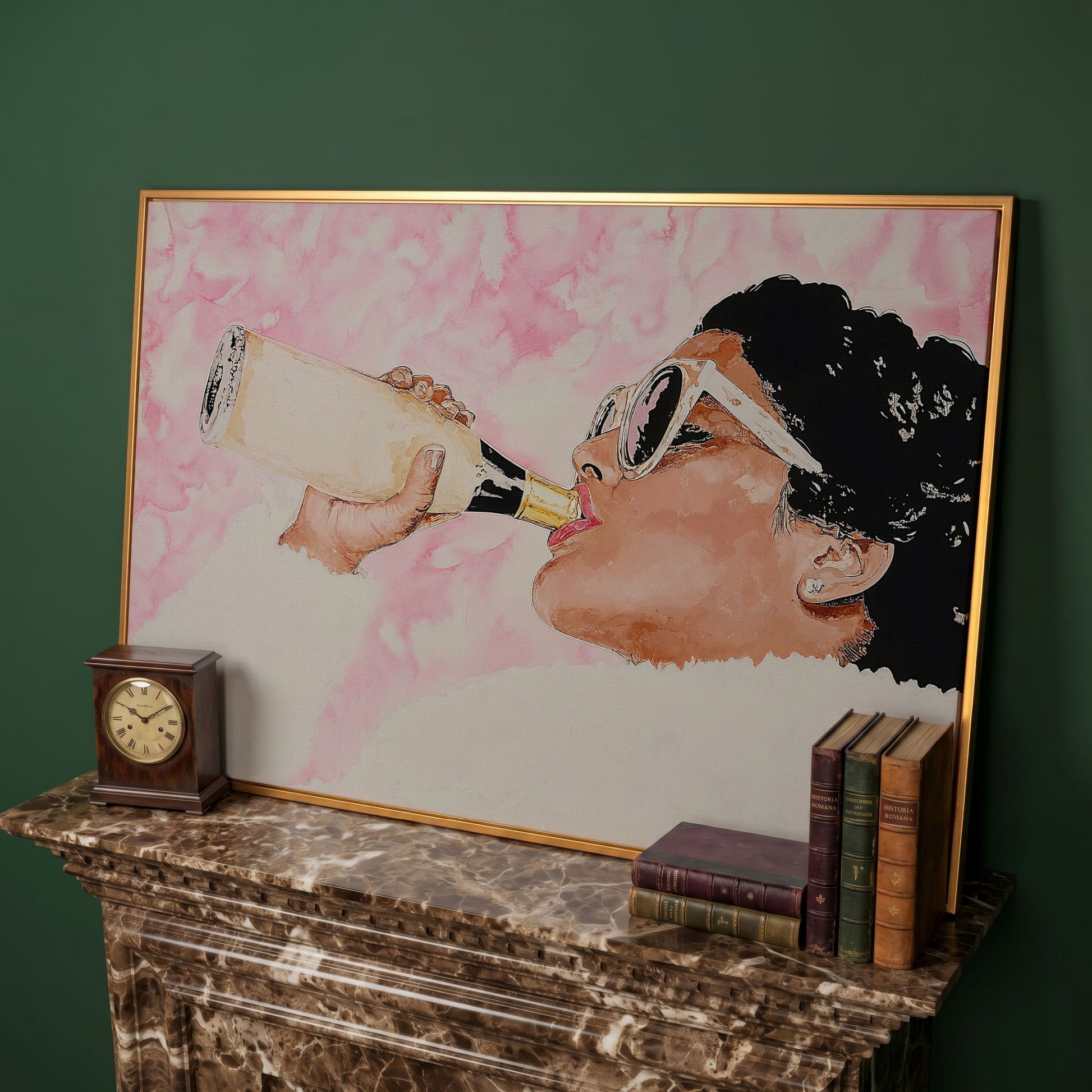 Champagne Toast Canvas Wall Art in Rose Quartz in antique gold floating frame