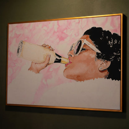 Champagne Toast Canvas Wall Art in Rose Quartz shown in antique gold floating frame