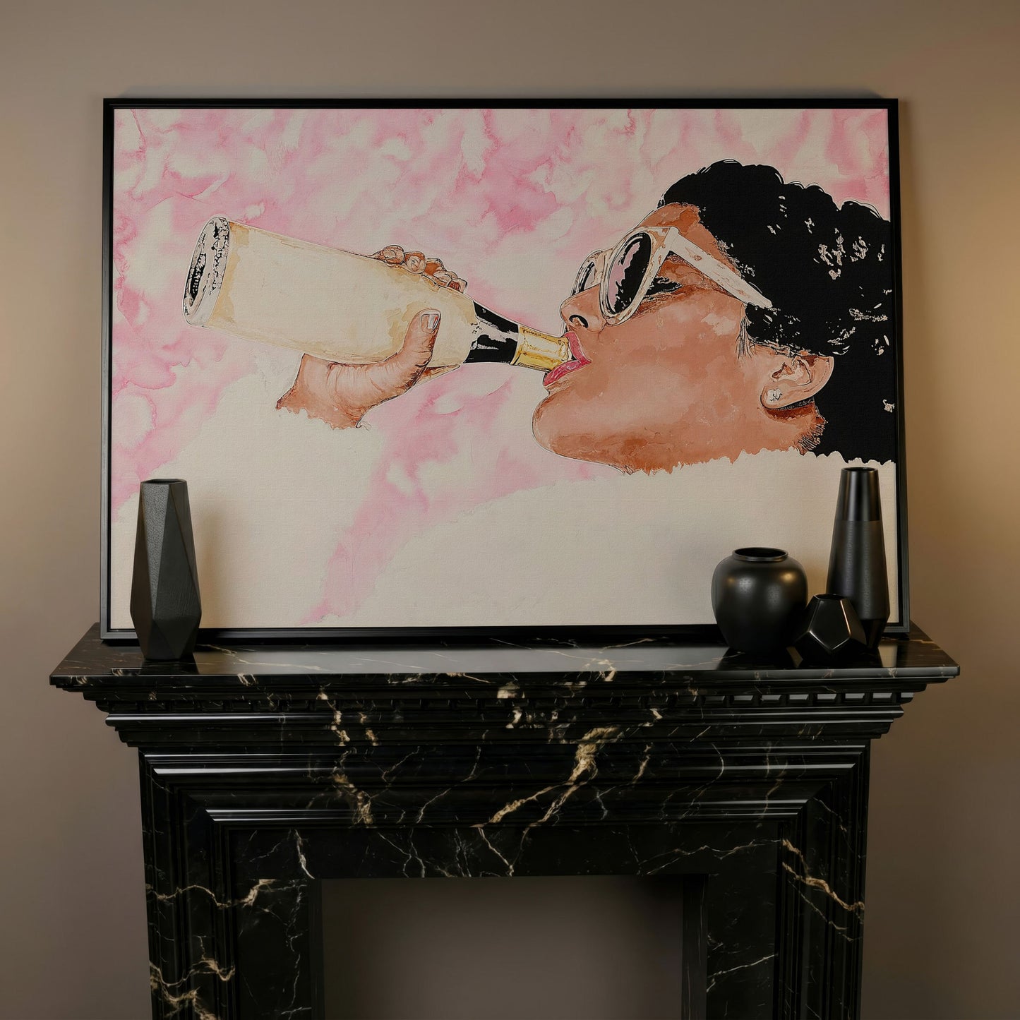 Champagne Toast Canvas Wall Art in Rose Quartz in black floating frame