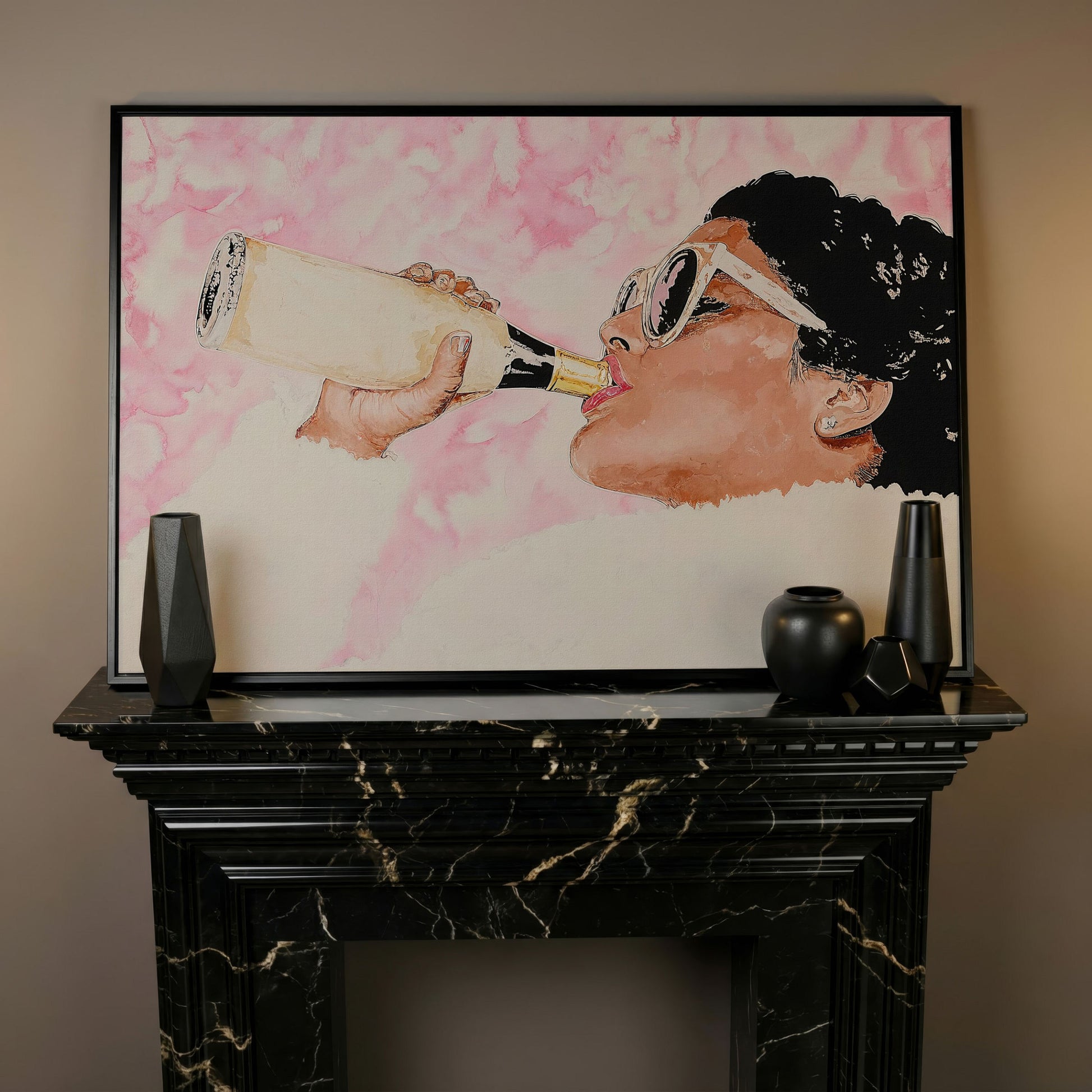 Champagne Toast Canvas Wall Art in Rose Quartz in black floating frame