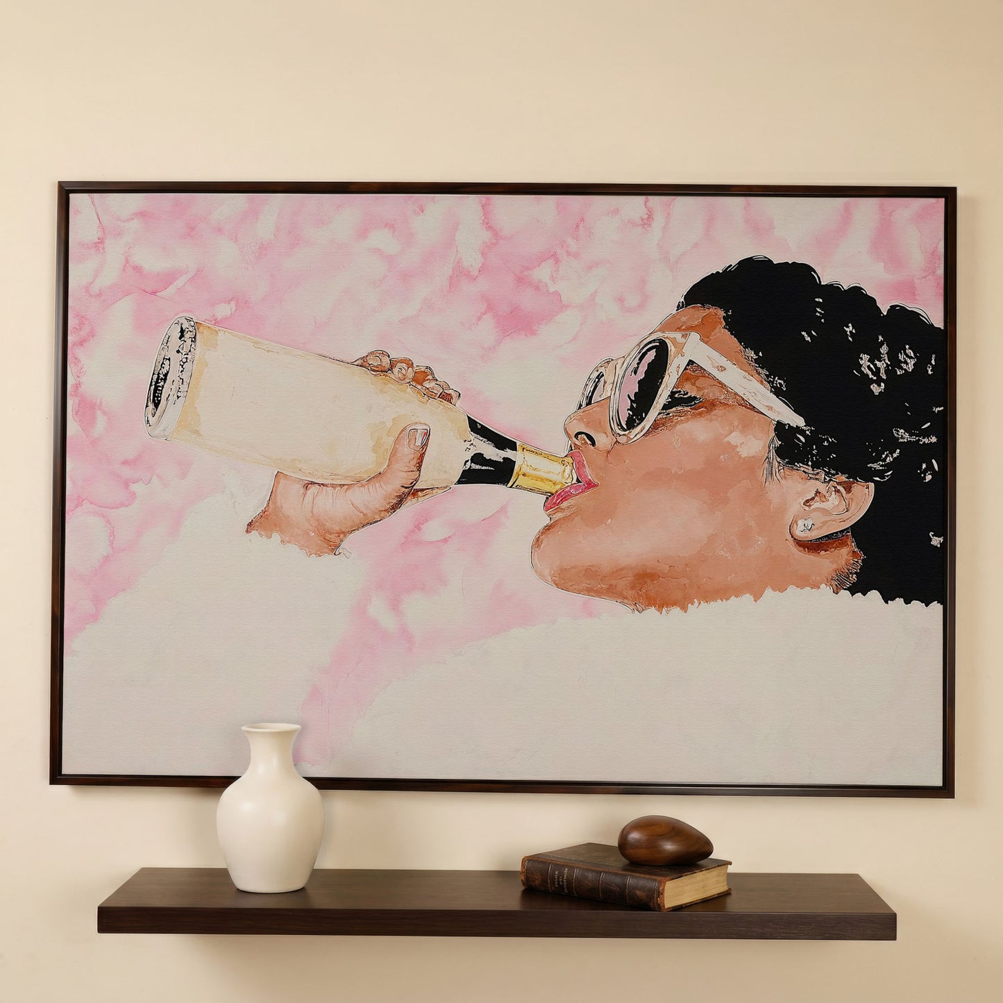 Champagne Toast Canvas Wall Art in Rose Quartz in dark walnut floating frame