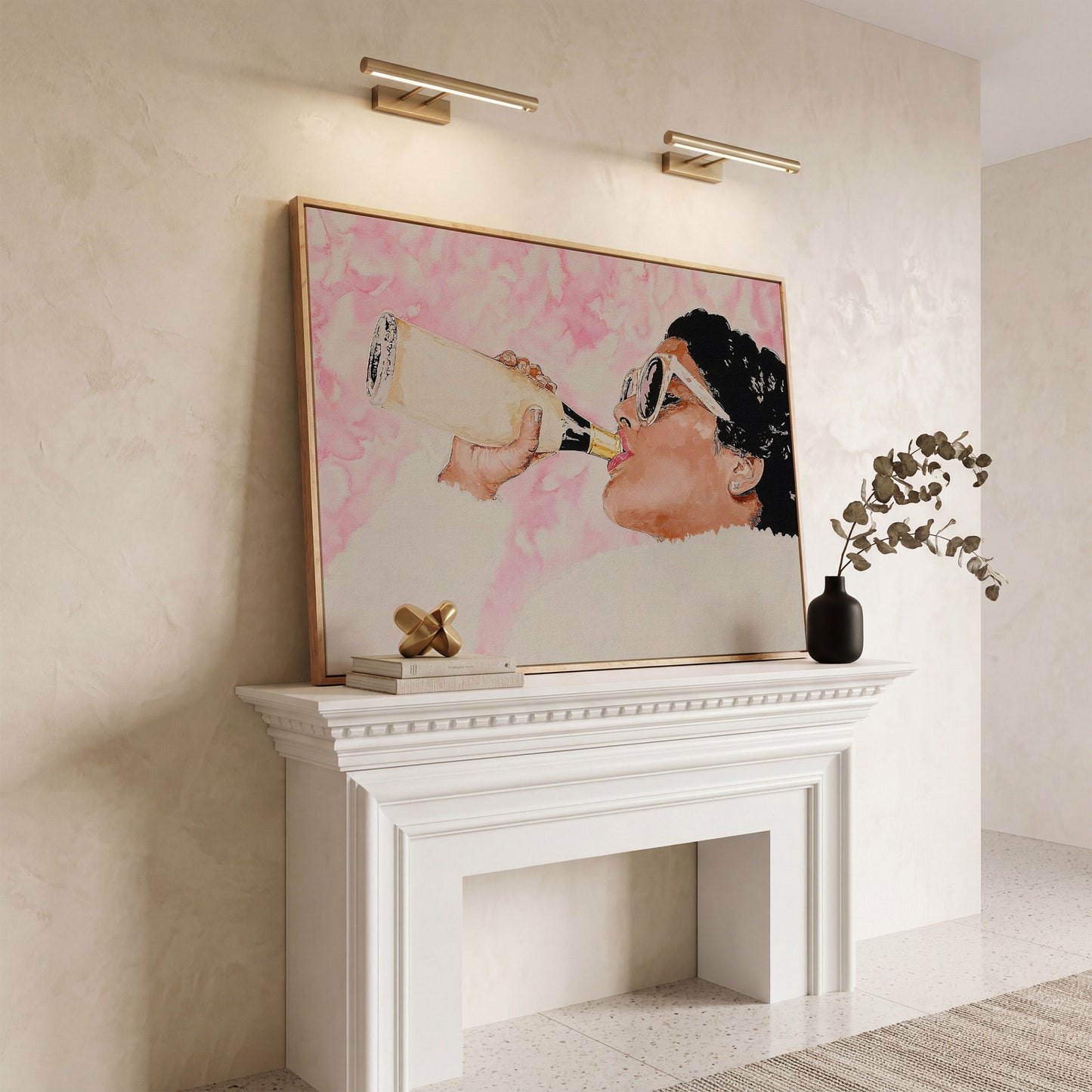 Champagne Toast Canvas Wall Art in Rose Quartz in white oak floating frame