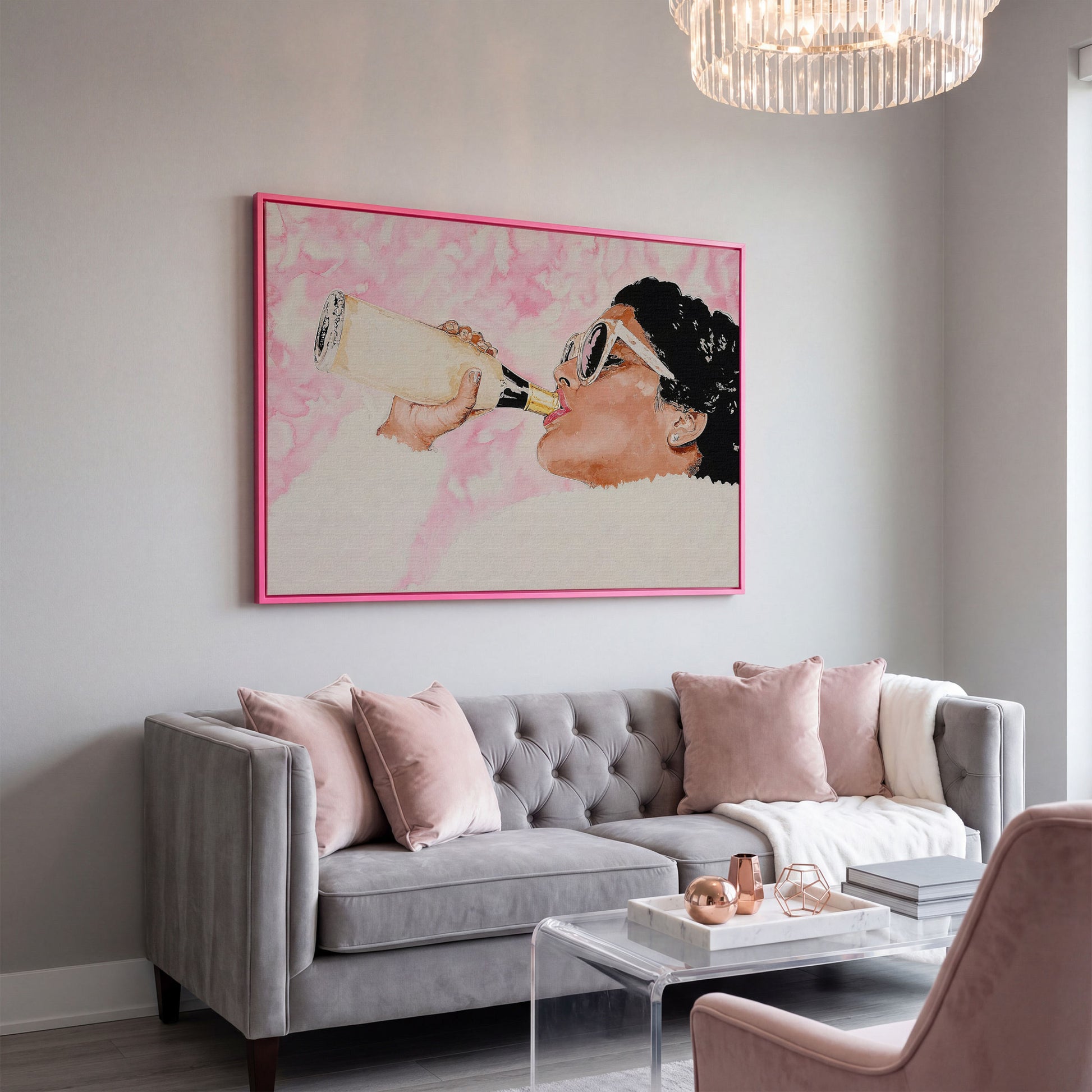 Champagne Toast Canvas Wall Art in Rose Quartz in pink floating frame