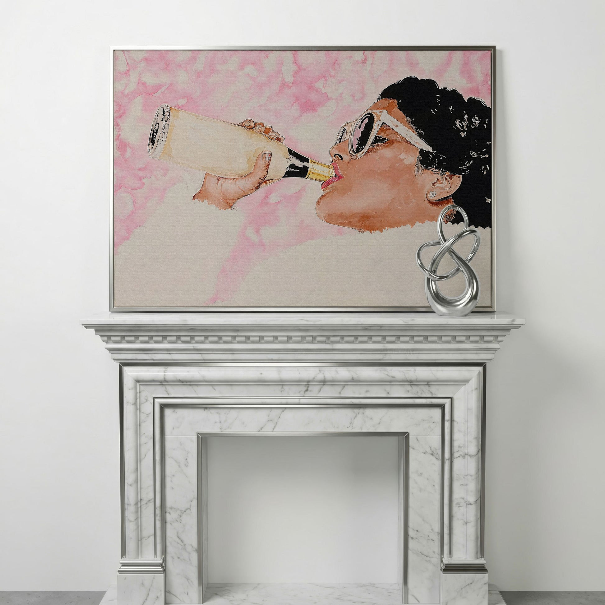 Champagne Toast Canvas Wall Art in Rose Quartz in silver floating frame