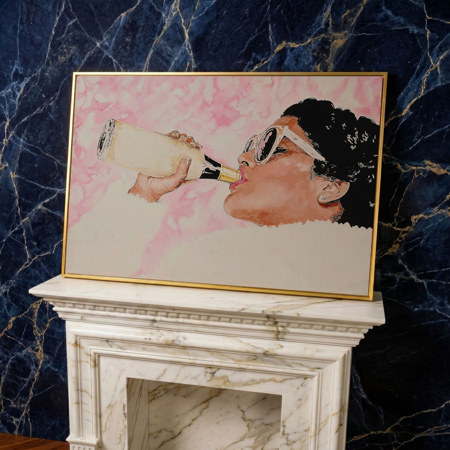 Champagne Toast Canvas Wall Art in Rose Quartz in yellow gold floating frame