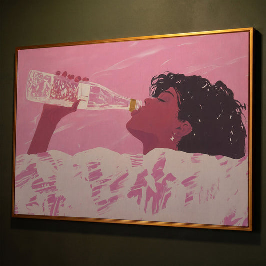Pink Abstract Woman Canvas Print shown in antique gold floating frame