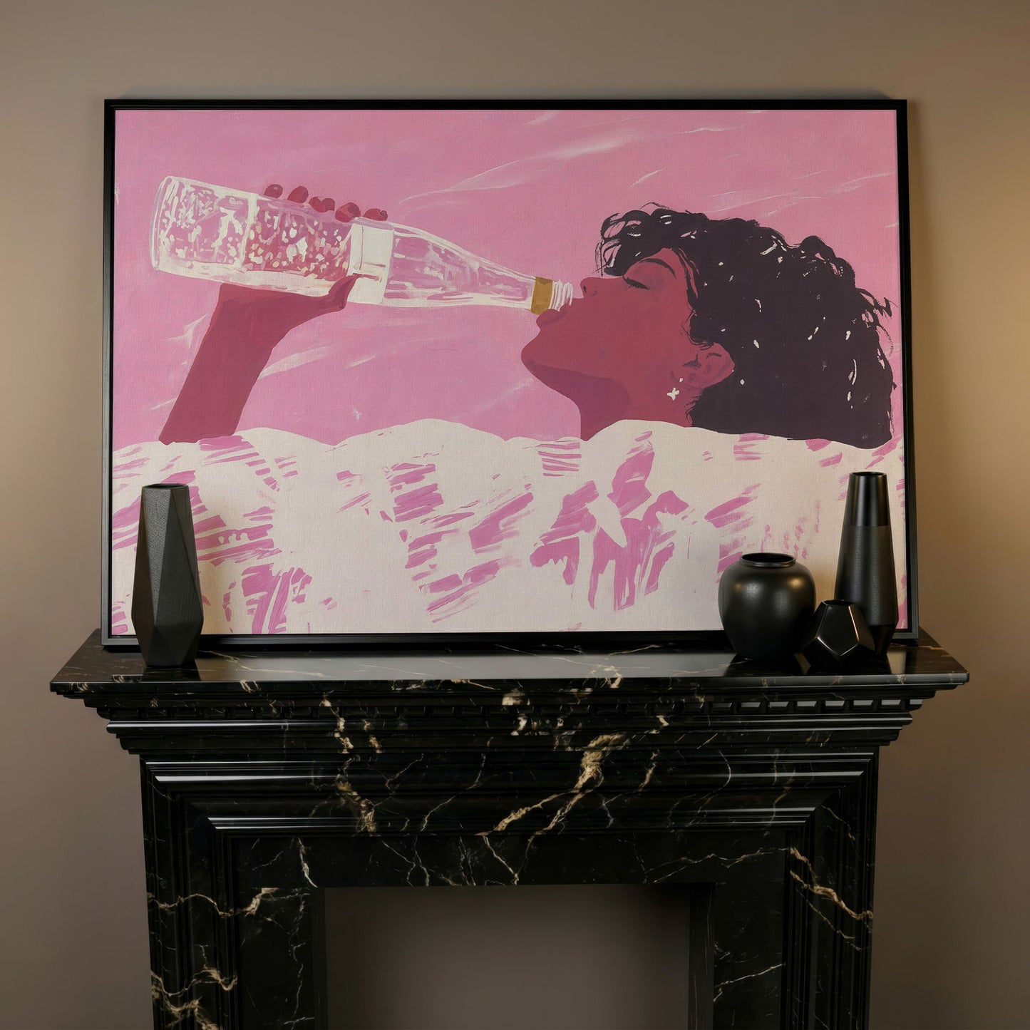 Pink Abstract Woman Canvas Print in black floating frame