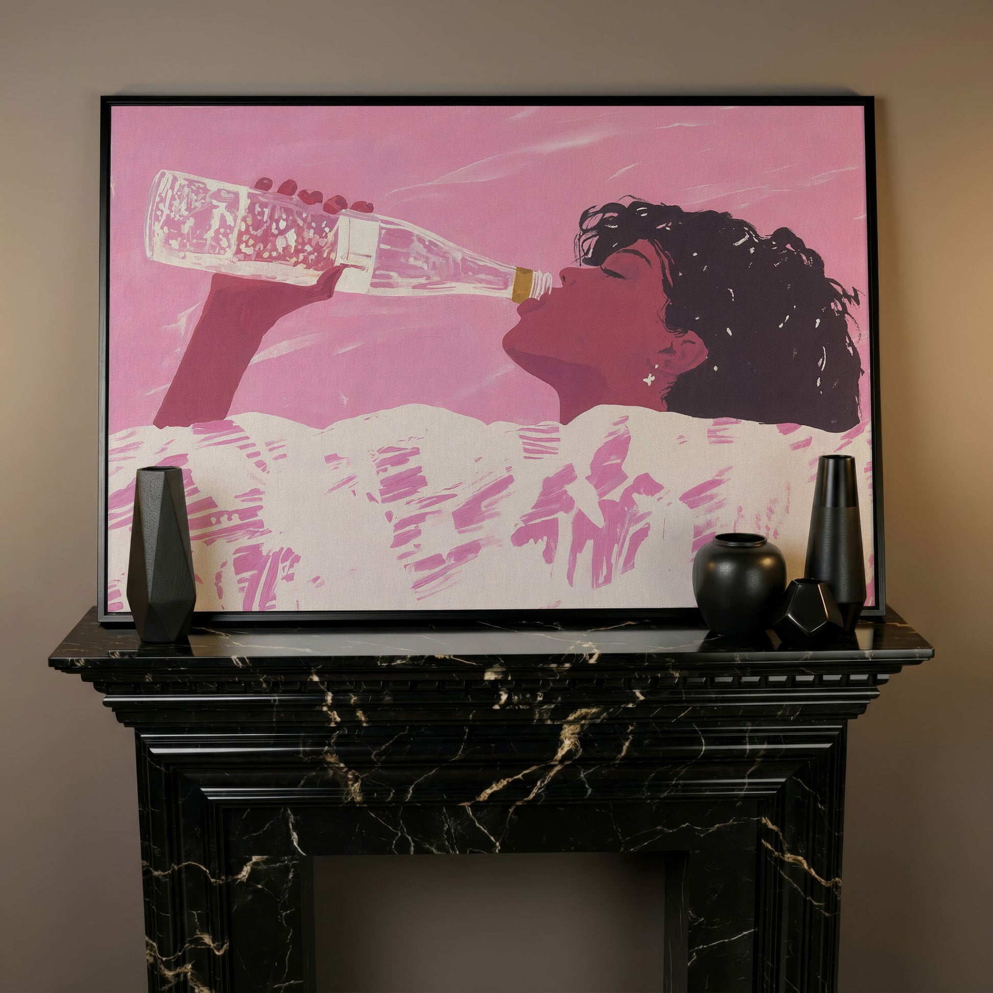 Pink Abstract Woman Canvas Print in black floating frame