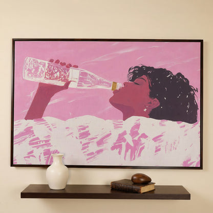 Pink Abstract Woman Canvas Print in dark walnut floating frame