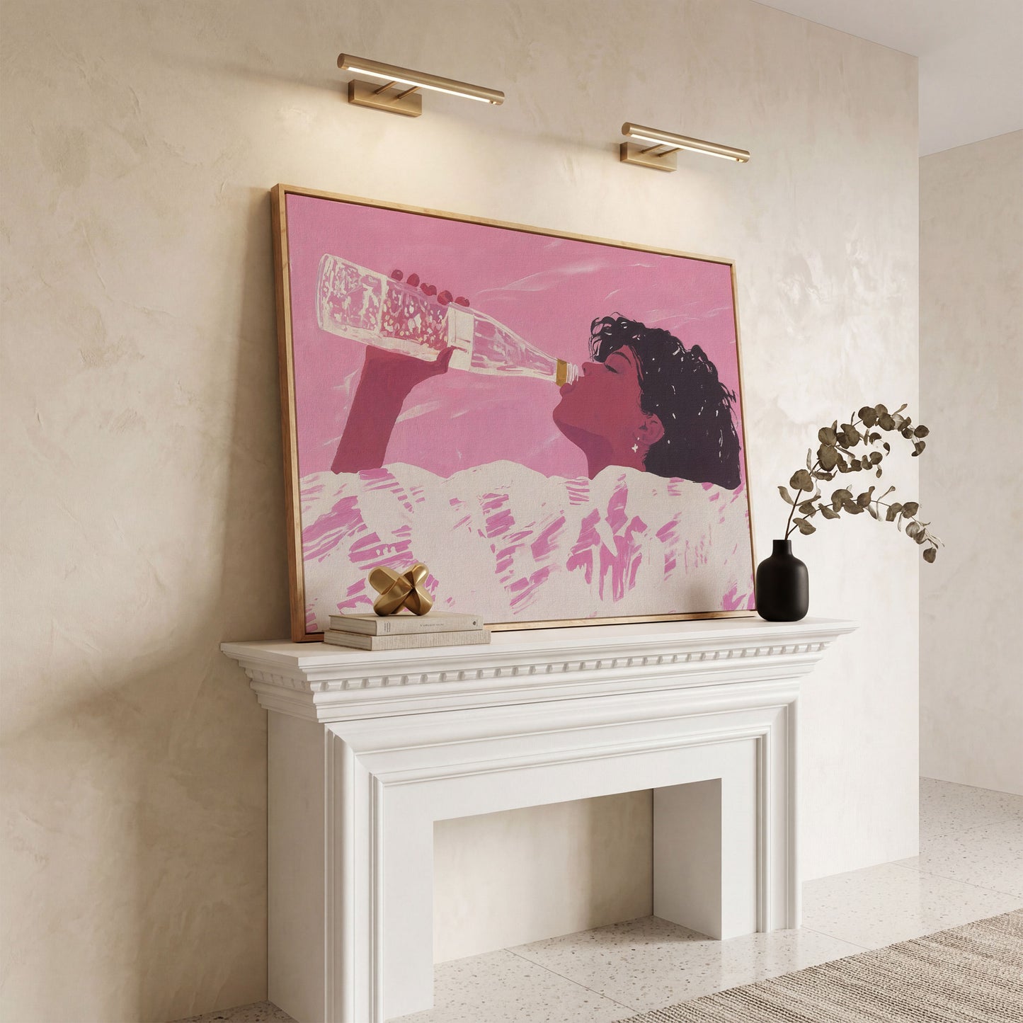 Pink Abstract Woman Canvas Print in white oak floating frame
